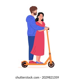 Couple rides together on a electric walk scooter. Man and woman driving e-scooter. Romantic walk. Alternative eco urban transport. Flat vector illustration isolated on white background 