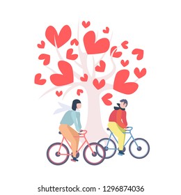 couple riding bicycle happy valentines day concept man woman cycling bikes under love tree with leaves red heart shapes full length isolated flat