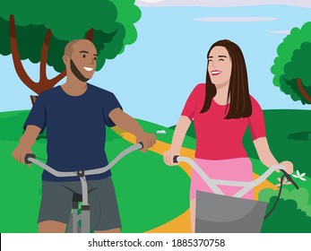 couple riding bicycle on a beautiful green park scene flat illustration