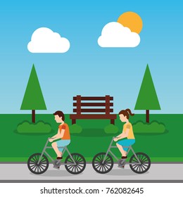 couple riding bicycle in park with bench tree sky day