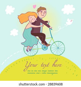 Couple riding a bicycle - summer concept in vector