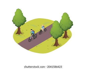 Couple riding bicycle together on the road at the jungle. Ecotourism isometric vector concept
