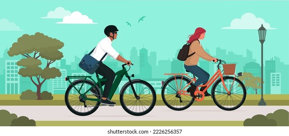 Couple riding bicycles at the city park, sport and leisure concept