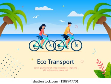 Couple Riding Bicycles on Beach Banner Vector Illustration. Happy Cartoon Man and Woman near Sea and Palm Trees with Coconuts. Rest and Relax. Ecological Transport. Healthy Lifestyle.