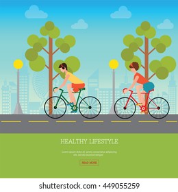 Couple Riding Bicycles on road on city view background,Flat Design healthy lifestyle conceptual vector illustration.