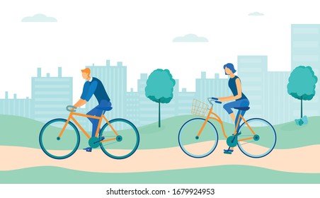 Couple Riding Bicycles in Park on City Background Flat Cartoon Vector Illustration. Man and Woman Have Active Lifestyle. Eco Friendly Transport. Healthy Way of Transportation. Spending Time.