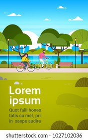 Couple Riding Bicycles In Public Park Man And Woman Cycling Outdoors Banner With Copy Space Flat Vector Illustration