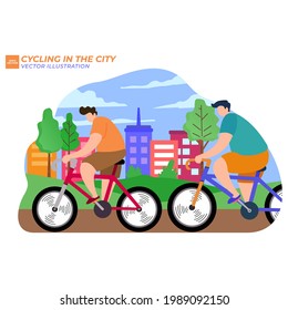 Couple Riding Bicycles In Public Park, Illustration, Flat Design,