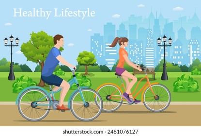 Pareja Montando Bicicletas En Parque Público, Ilustración vectorial en diseño plano