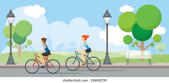 Couple Riding Bicycles In Public Park, Illustration, Flat Design,  - Shutterstock ID 318430739