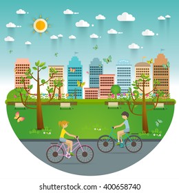 Couple Riding Bicycles In Public Park. Natural landscape in the flat style. a beautiful park.Environmentally friendly natural landscape.Vector illustration