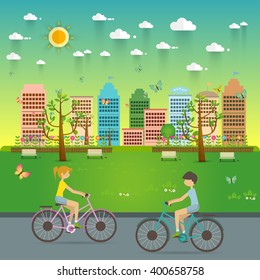 Couple Riding Bicycles In Public Park. Natural landscape in the flat style. a beautiful park.Environmentally friendly natural landscape.Vector illustration