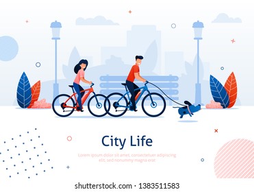 Couple Riding Bicycles with Running Dog Banner Vector Illustration. Going around Park with Pet. City Life. Healthy Active Lifestyle. Spending Free Time Together with Family in Park.