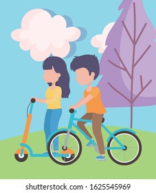 couple riding bike and electric scooter in the meadow healthy lifestyle vector illustration