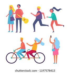 Couple riding bike together on bicycle. Man with guitar musical instrument and woman walking. People running jogging keep fit, taking photos vector