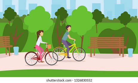 Couple riding bikes through the park. Vector illustration in flat design