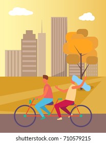 Couple riding double bicycle in city park in autumn vector illustration of cityscape with high buildings and clouds in sky background