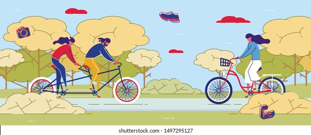 Couple Riding Double Bicycle in Park Flat Cartoon Vector Illustration. Man and Woman Have Active Lifestyle. Eco Friendly Transport. Healthy Way of Transportation. Spending Time in Countryside.