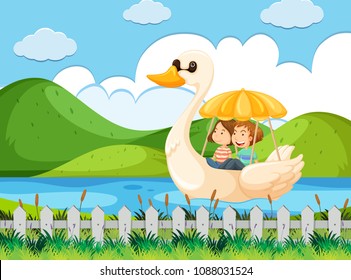 Couple riding duck pedal boat at river illustration