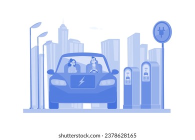 Couple Riding Electric Car Illustration concept on a white background