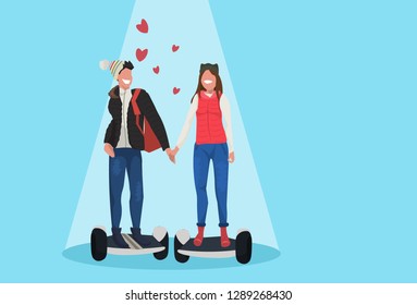 couple riding electric scooter hover board happy valentines day concept man woman in love driving modern personal transport female male cartoon characters horizontal flat