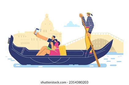 Couple riding gondola in Venice, Italy - flat vector illustration isolated on white background. People taking selfie in gondola. Concepts of traveling and sightseeing.