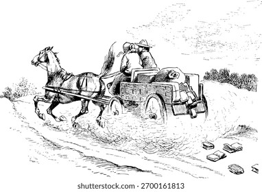 Una pareja montada en un carruaje de alta velocidad, tirado por un solo caballo, rápido, con una nube de polvo, los libros caen por la parte trasera. Dibujo de línea de Antiguas monocromo de la década de 1890
