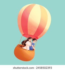 Couple riding hot air balloon and girl eating ice cream