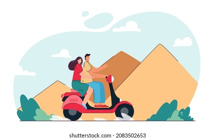 Couple riding moped on Egyptian pyramids background. Man and woman having holiday and travelling abroad flat vector illustration. Vacation concept for banner, website design or landing web page