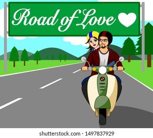 The couple are riding a motorbike, traveling happily on the beautiful love road.