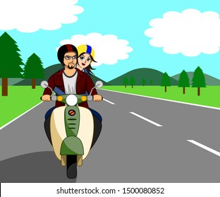 The couple are riding a motorbike, traveling happily on the beautiful love road.