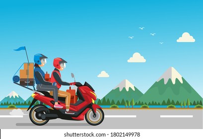 A couple riding a motorbike traveling to their hometown, version two.