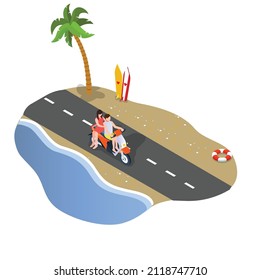 Motocicleta de equitación en playa isométrica 3d concepto de ilustración banner, sitio web, página de aterrizaje, anuncios, plantilla de volante