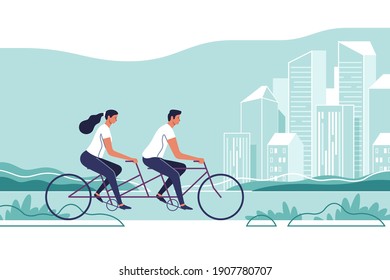 Couple are riding on bicycle on the urban lanscape background. Vector illustration.