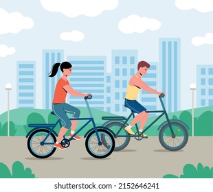 Couple are riding on bicycle on the urban lanscape background.
Man and woman spends time outdoors. Vector illustration of trendy happy man and woman cycling in summer park. Isolated on background