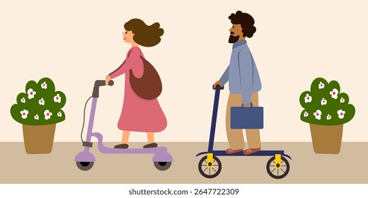Couple riding on electric scooters. Trendy transportation.