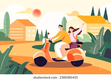 Couple riding outdoors and houses   plants in the background  vector illustration