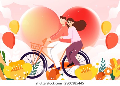 Couple riding outdoors and houses   plants in the background  vector illustration