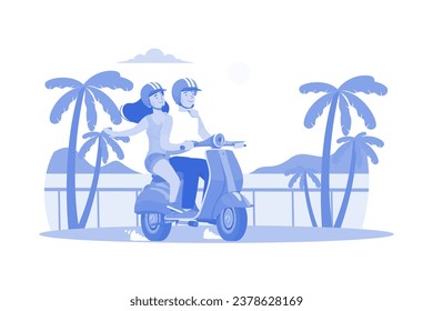 Couple Riding The Scooter Illustration concept on white background