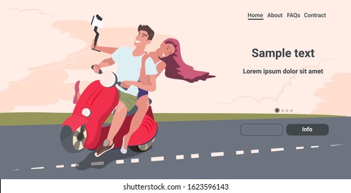 couple riding scooter man woman travelers bloggers using selfie stick taking photo on smartphone camera social network communication blogging travelling concept full length horizontal copy space