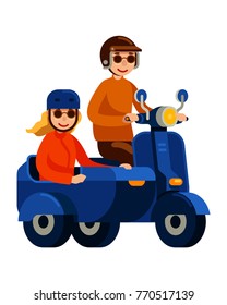 couple riding scooter with sidecar in flat style vector illustration