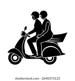 Couple Riding Scooter Urban Love Scene Silhouette Vector Art Illustration