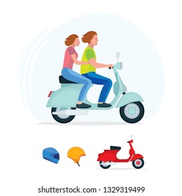 Couple riding scooter  Young man   woman scooter 
Scooter riding vector illustrations set 
