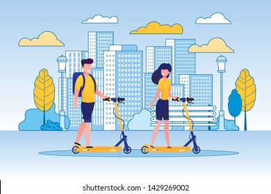 Couple Riding Scooters in Park or Green Area on Buildings Background Vector Illustration. Girl and Boy Moving around Town and Having Tour Flat Cartoon. Spending Free Time Together.