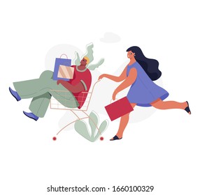Couple Reiten Einkaufswagen Vektorillustration einzelne Illustration. Moderner flacher Charakter für Web- und App-Design, Saisonverkauf, Marketingmaterialien, E-Commerce.