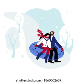 A Couple riding Sledding Slide. Winter Activities. Young Man Hugs his Girl.