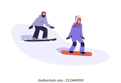 Couple riding snowboards. Snowboarders sliding down slope. People on snow boards in motion. Man and woman during winter sports activity. Flat vector illustration isolated on white background