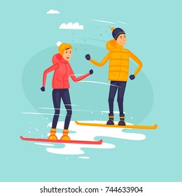 Couple riding snowboards, winter sports. Flat design vector illustration.