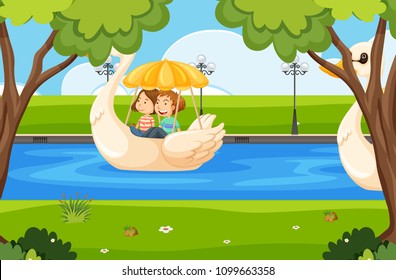 A Couple Riding a Swan Boat illustration