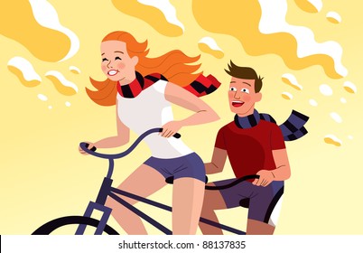 couple riding tandem bicycle